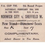 NORWICH - SHEF WED 1935 TICKET Match ticket for FA Cup match , Norwich v Sheffield Wednesday, 16/2/