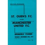MAN UNITED Programme St Ouen's v Manchester United Friendly match in Jersey 30/11/1971. Good