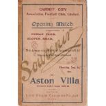 CARDIFF Programme Cardiff City v Aston Villa 1/9/1910. Friendly. First match at Ninian Park. Tape at