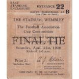 1928 CUP FINAL Match ticket for the 1928 Cup Final, East standing number 704, slight scuffs where