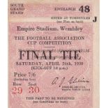 1930 CUP FINAL Match ticket for the 1930 Cup Final, South Grand Stand seat, row 29 seat 30.