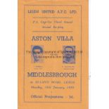 ASTON VILLA V MIDDLESBROUGH AT LEEDS UNITED 1950 Programme for the FA Cup 3rd Round 2nd Replay at