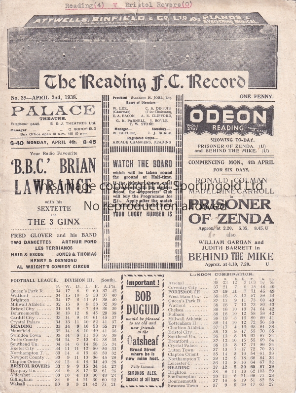 READING - BRISTOL ROVERS 1937-38 Reading home programme v Bristol Rovers, 2/4/1938, Division 3