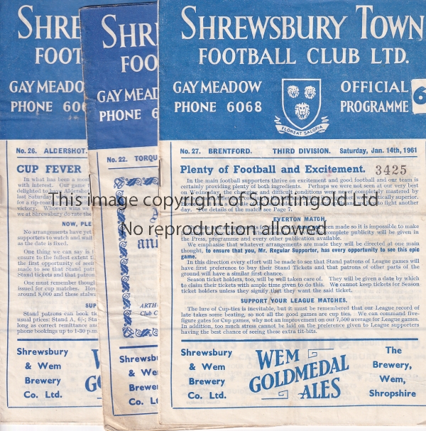 SHREWSBURY Circa 49 Shrewsbury home programmes spread evenly, more or less, across the 1960s.