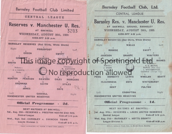 BARNSLEY RES - MAN UTD Two Barnsley Reserves home programmes, both v Manchester United Reserves,