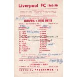 LIVERPOOL V LEEDS UNITED Single sheet programme for the Youth Cup tie at Liverpool, 30/12/69, folded
