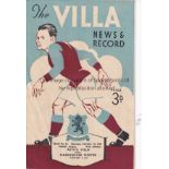 ASTON VILLA / MAN UNITED Programme Aston Villa v Manchester United 19/2/1949. Lacks staples. No