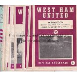 WEST HAM Ten West Ham home programmes including 59/60 v Wimbledon (London Cup), Leeds and Bolton,