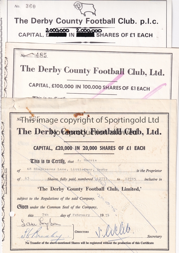 DERBY Three Derby County share certificates issued in 1974,1982 and 1989. Fair to generally good