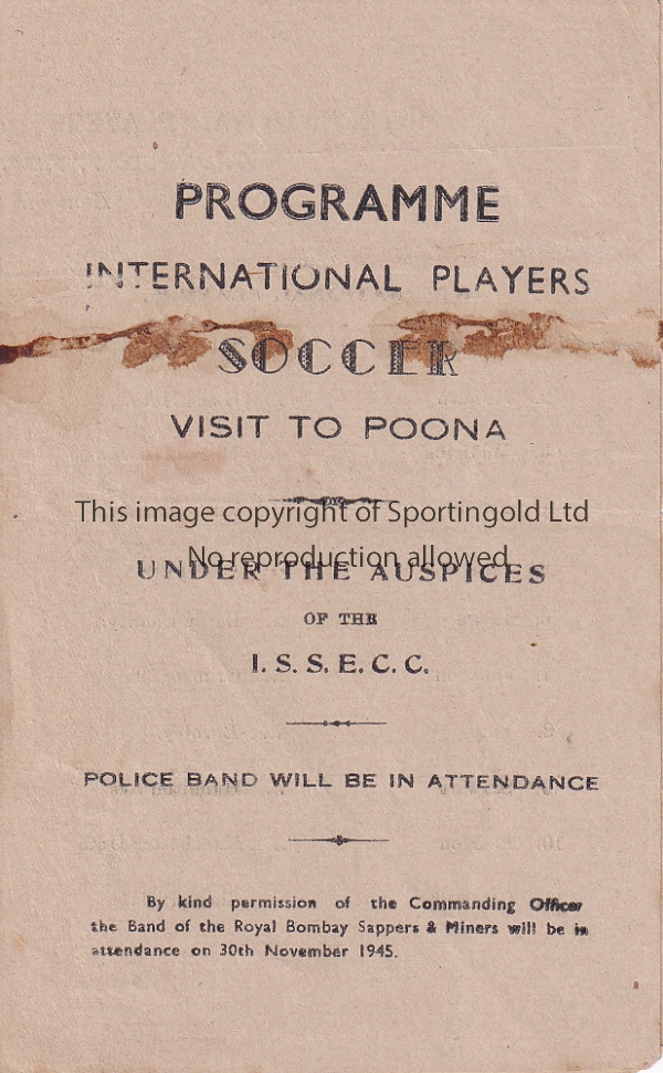 WARTIME 45 Four page issue, Army XI (Poona Kirklees) v International Players XI in Poona, 28/11/