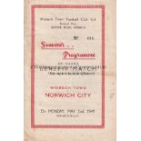 WISBECH - NORWICH 49 Wisbech home programme v Norwich, 2/5/49, Benefit match for Bert Blackshaw.