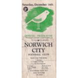 NORWICH - QPR 46 CUP Norwich home gatefold programme v QPR, 14/12/46, Cup, creased, several tears.