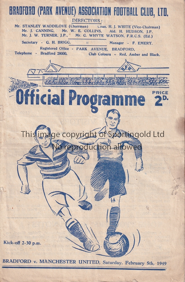 BRADFORD PA - MANCHESTER UTD 49 Bradford PA home programme v Manchester United, 5/2/49, Cup, some