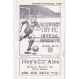 BRADFORD CITY - NEWCASTLE 1912-13 Bradford City home programme v Newcastle, 8/2/1913, small piece