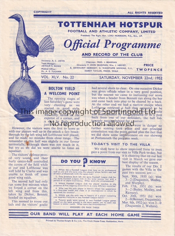 TOTTENHAM - NORWICH 52 Four page Tottenham "A" team programme v Norwich "A", 22/11/52, Eastern