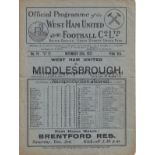 WEST HAM UNITED V MIDDLESBROUIGH 1927 Programme for the League match at West Ham 26/11/1927,