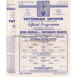 TOTTENHAM HOTSPUR 1960/1 Five home Reserve team programmes v. Portsmouth single sheet, Birmingham
