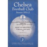 CHELSEA - HEARTS 52 Chelsea home programme v Hearts 23/4/52, fold, score, changes noted. Fair-