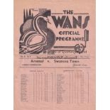 SWANSEA - ARSENAL 1935 Single sheet Swansea Reserves home programme v Arsenal Reserves, 9/9/1935,