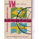 WORLD CUP FINAL 58 Programme, 1958 World Cup Final, Sweden v Brasil, 29/6/58 in Stockholm (Solna).