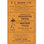 HEADINGTON Programme Headington United v Merthyr Tydfil Southern League 7th April 1954. No