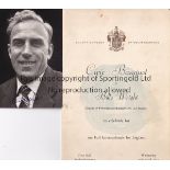 BILLY WRIGHT Menu for Civic Banquet in honour of Billy Wright to celebrate his 100th Cap for