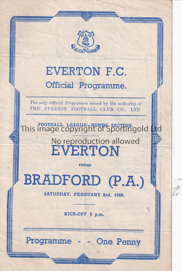 EVERTON - BRADFORD PA 46 Everton home programme v Bradford Park Avenue, 2/2/46, slight folds, no