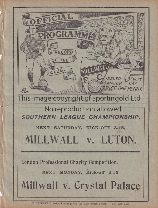 MILLWALL - CRYSTAL PALACE 1911 Millwall home programme v Crystal Palace, 23/10/1911, Kent Senior