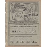 MILLWALL - CRYSTAL PALACE 1911 Millwall home programme v Crystal Palace, 23/10/1911, Kent Senior