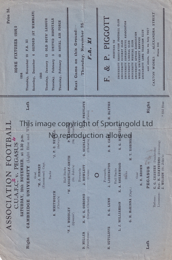 CAMBRIDGE - PEGASUS 54 Cambridge University matchcard programme v Pegasus , 20/11/54, slight