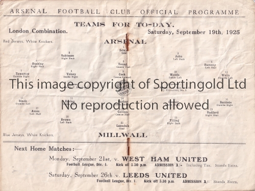 ARSENAL V MILLWALL 1925 Programme for the London Combination match at Arsenal 19/9/1925, creased and