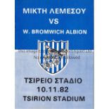 CYPRUS - WEST BROM 82 Programme , West Brom against a Cyprus Select XI in Limasol, Cyprus, 10/11/82.