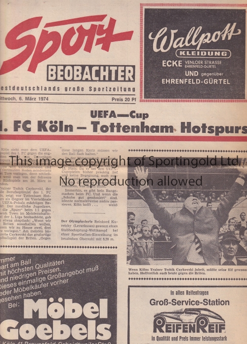 FC KOLN - TOTTENHAM 74 FC Koln Sport Beobachter eight page newspaper programme v Tottenham , 6/3/74,