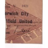 NORWICH - SHEF UTD TICKET Norwich match ticket v Sheffield United, 4/3/59, Cup replay, torn in