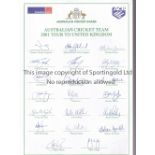 AUSTRALIA CRICKET AUTOGRAPHS 2001 An A4 letter headed sheet for the Tour of UK 2001 signed by 20