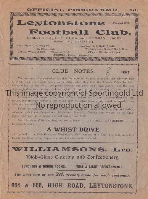 LEYTONSTONE 1930-31 Leytonstone home programme v Barking, 18/10/1930, FA Cup, spine repair.