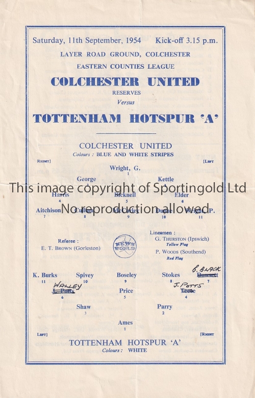 COLCHESTER - TOTTENHAM "A" 54 Four page Colchester home programme v Spurs "A", 11/9/54, Eastern