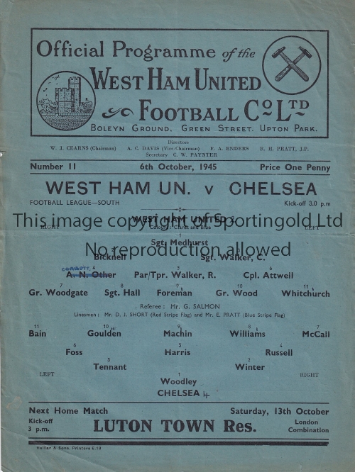 WEST HAM / CHELSEA Single sheet programme West Ham United v Chelsea Football League South 6th