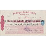 RANGERS FC Large official Rangers headed cheque dated 15/5/1923. Good