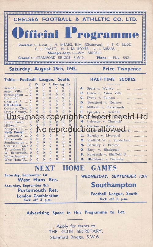 CHELSEA / FOREST 4 Page programme Chelsea v Nottingham Forest 25/8/1945. 1st match after the 2nd