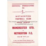 NETHERTON - MAN UTD 58-9 Netherton single sheet programme v Manchester United 58/9, Duncan Edwards