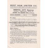 WEST HAM UNITED Programmes for the Reserves home Combination match v. Bristol City 19/12/1959. Geoff