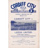 CARDIFF - LEEDS 50 Cardiff home programme v Leeds United, 25/2/50, worn along vertical fold. Fair