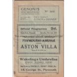 PLYMOUTH - ASTON VILLA 1937 Plymouth home programme v Aston Villa, 2/10/1937, , fold, marks to