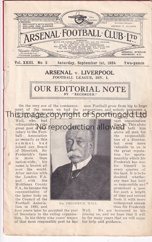 ARSENAL - LIVERPOOL 1934 Arsenal home programme v Liverpool, 1/9/1934, score, scorers noted, Arsenal