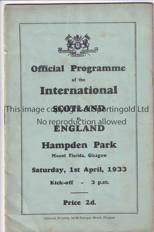 SCOTLAND - ENGLAND 1933 Scotland home programme v England, 1/4/1933, at Hampden Park, slight fold,