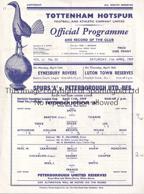 TOTTENHAM "A"- PETERBOROUGH 59 Tottenham "A" single sheet programme v Peterborough Reserves, 11/4/