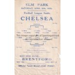 READING / CHELSEA Single sheet programme Reading v Chelsea 29/4/1944 War League match at Elm Park.