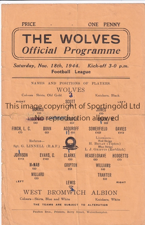 WOLVES - WEST BROM 44 Single sheet Wolves home programme v West Brom, 18/11/44, score, changes
