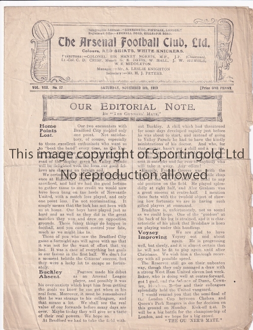 ARSENAL - BOLTON 1919 Four Page Arsenal home programme v Bolton, 8/11/1919, fold, tears to edge.